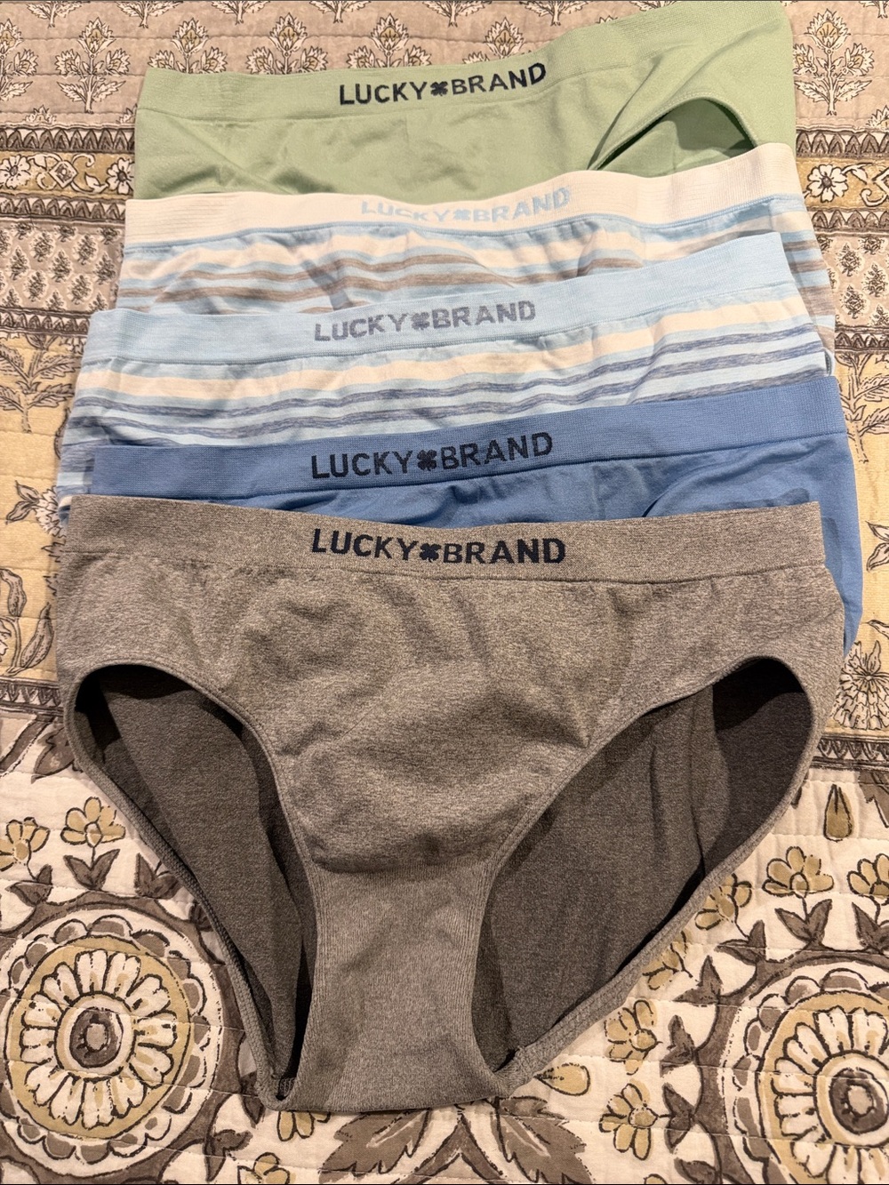 New Lucky Brand Womens Briefs 5 Pack - Green, Light Blue, Blue, Gray LG